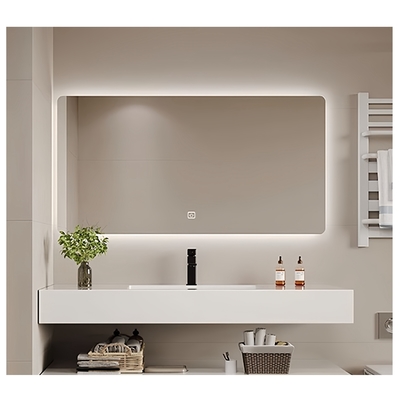 Bathroom Countertop Organizer with White Ceramic Basin and SLABS/SINTERSTONE Material